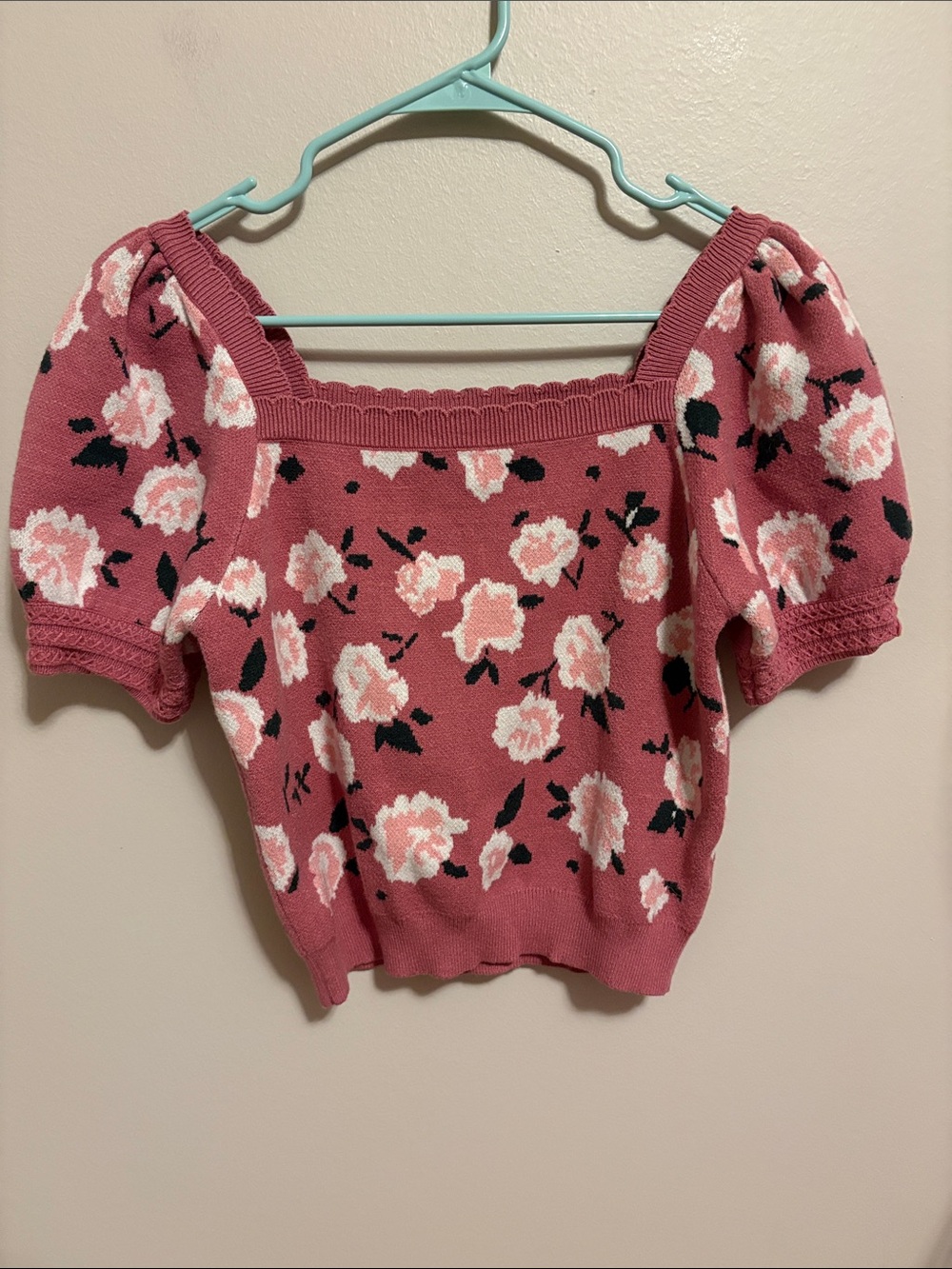 Square-Neck Floral Puff-Sleeve Crop Top - Pink